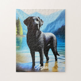 Puzzle Labrador negro y lago