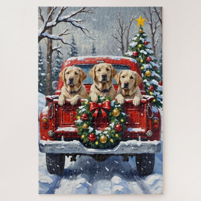 Puzzle Labrador Retriever Christmas Red Truck Holiday (Vertical)