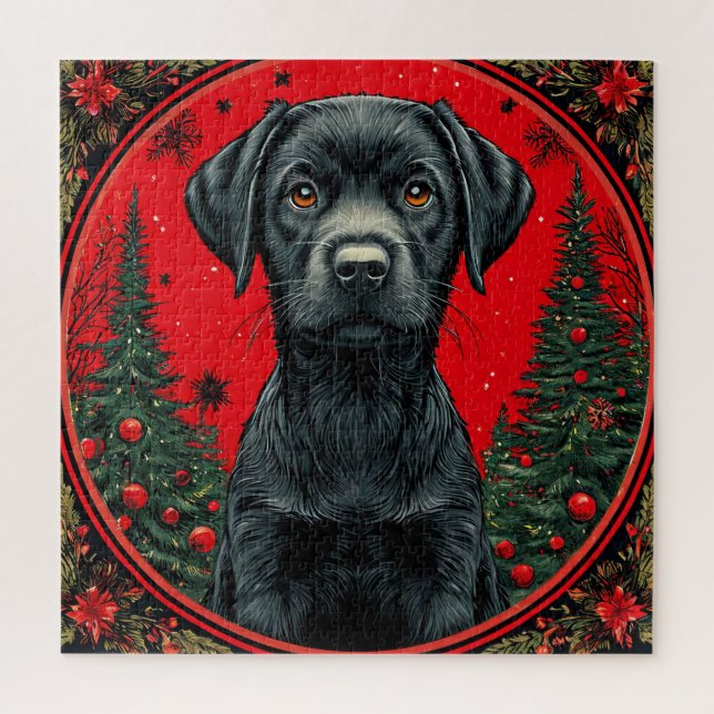 Puzzle Labrador Retriever Negro de Navidad con Árboles Fe (Vertical)