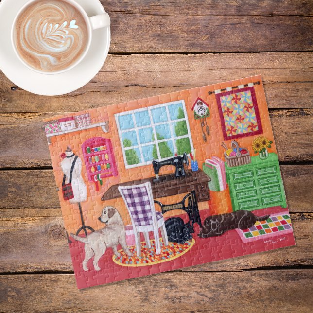 Puzzle Labradores en la sala de coser de mamá (Labradors in Mom's Sewing Room Jigsaw Puzzle featuring Labradors waiting for their Mom.  )