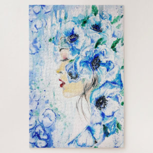 Puzzle Lady Blue - Fantasía - Arte acuarela