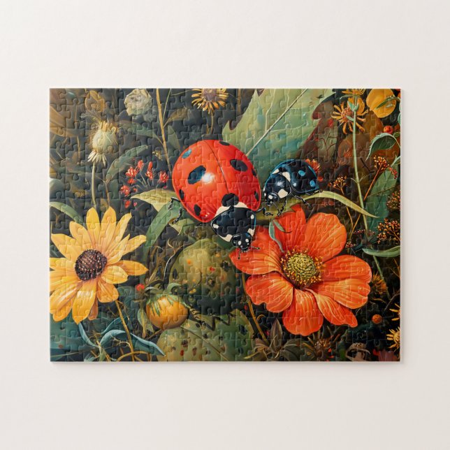 Puzzle Ladybug en un simple Ilustracion Dahlia Bloom (Horizontal)