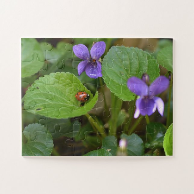 Puzzle Ladybug sobre las dulces flores violetas (Horizontal)