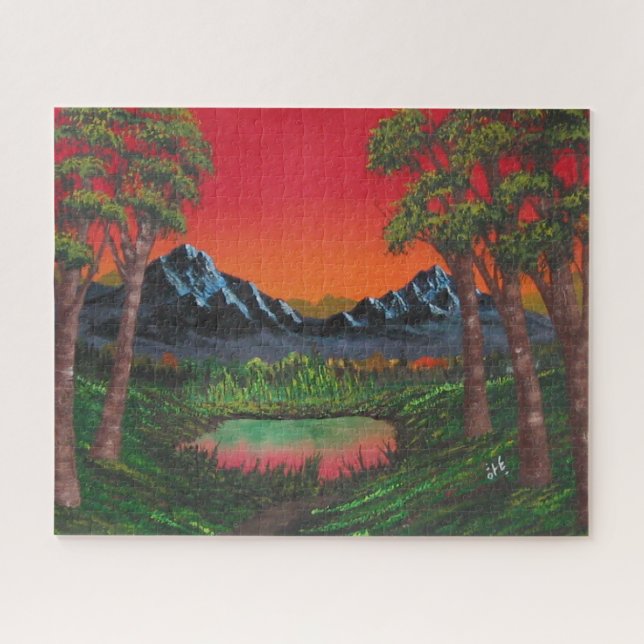 Puzzle Lago Bosque de Montaña Red Sunset (Horizontal)