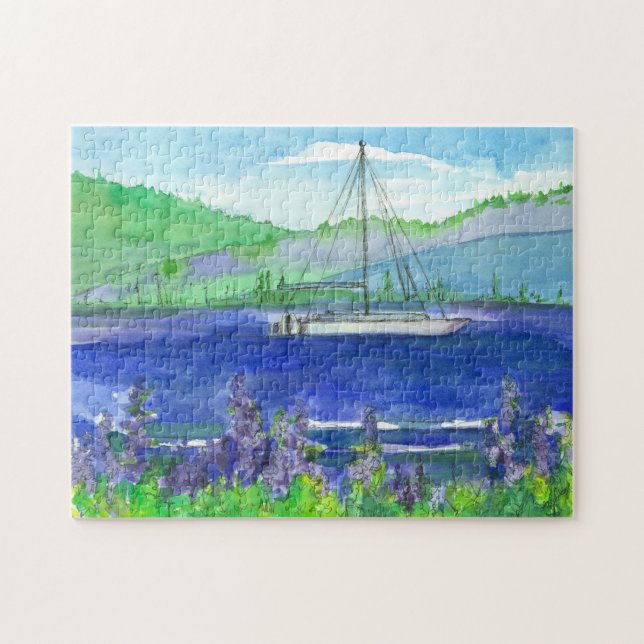 Puzzle Lago Catamaran Sailboat Purple Lupines (Horizontal)