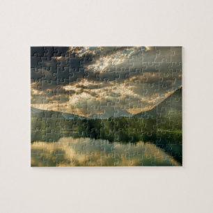 Puzzle Lago de paisaje, montañas, reflejos y cielo