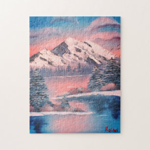 Puzzle Lago Snowy Mountain En La Pintura Sunset