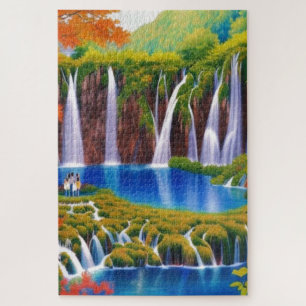 Puzzle Lagos de Plitvice, cascadas de Croacia en arte de