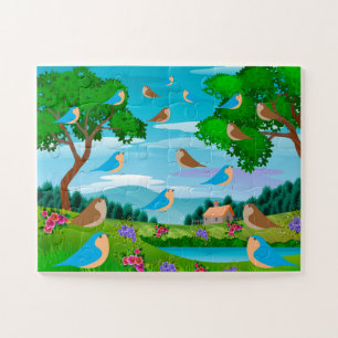 Puzzle Landscape House Trees Birds Flowers Nature, Age 4