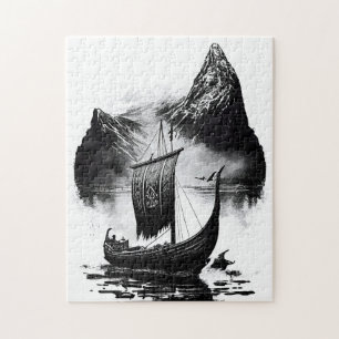 Puzzle Lápiz de tinta acuarela del barco dragón vikingo.