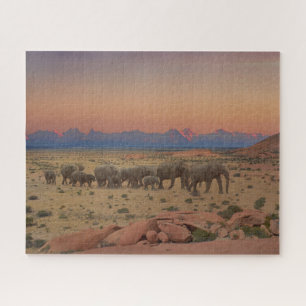Puzzle Large Herd of Elephants Sunset Nature Photo