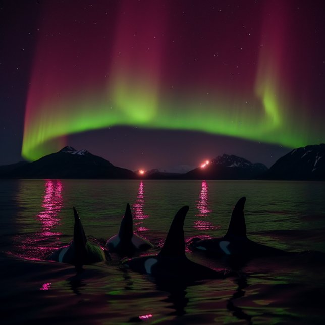 Puzzle Las Orcas Nadan En Aurora Púrpura - Ballena Asesin (Subido por el creador)