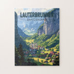 Puzzle Lauterbrunnen Suiza Viaje a la Vintage<br><div class="desc">Diseño retro de viaje de Lauterbrunnen. Situado en un valle con acantilados rocosos y las rocosas cataratas de Staubbach.</div>