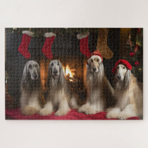 Puzzle Lebrel afgano junto a la chimenea de Navidad
