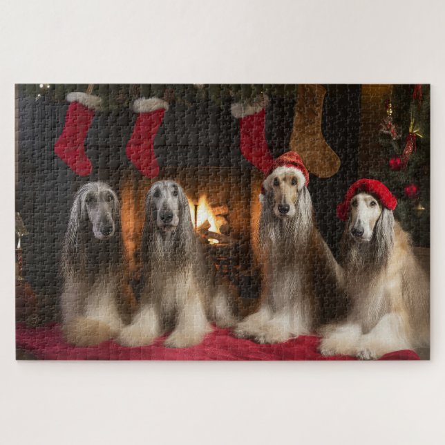Puzzle Lebrel afgano junto a la chimenea de Navidad (Horizontal)