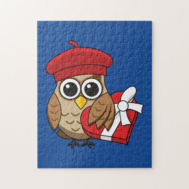 Puzzle Lechuza con Beret Rojo y Caja Corazón (Vertical)