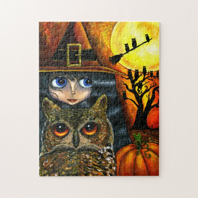 Puzzle Lechuzas de bruja Halloween Chicas de ojos grandes (Vertical)
