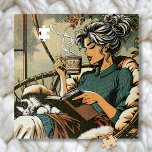 Puzzle Lecturas de una dama acogedora con café y gato<br><div class="desc">Una dama de bonito relajándose en su acogedora silla Papasan leyendo un libro,  tomando café con un lindo gato negro y blanco durmiendo en su regazo.</div>