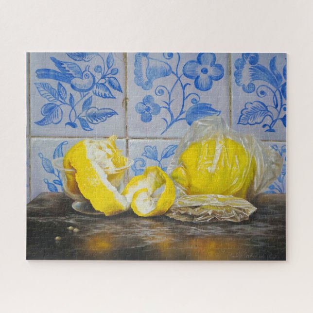 Puzzle Lemons and Azulejos — Classic Blue & Yellow Still  (Horizontal)
