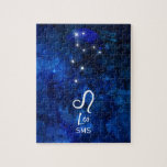 Puzzle Leo Zodiac Constellation Dark Blue Galaxy Monogram<br><div class="desc">Diseño Monograma de la Galaxia Azul Oscuro de Constelación Zodiaca. Con el estilo de moda Brushed Script Font, la textura de fondo de color azul oscuro celeste, la constelación brillante y el símbolo The Lion. Rótulo Astrológico Moderno Horóscopo de nacimiento, es perfecto para cualquier cumpleaños Leo del 23 de julio...</div>