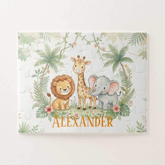 Puzzle León jirafa y elefante personalizado selva (Horizontal)
