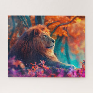 Puzzle León Majestuoso en Diseño de Bosque Encantado