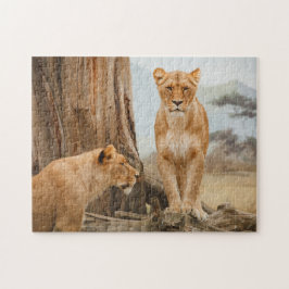 Puzzle Leones explorando árboles muertos