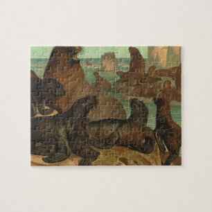 Puzzle Leones marinos en la playa, vida marina animal vin