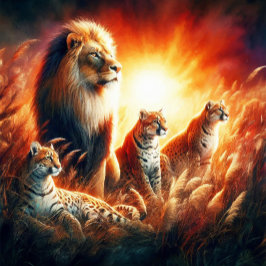 Puzzle Leones y tigres en pastos silvestres del atardecer