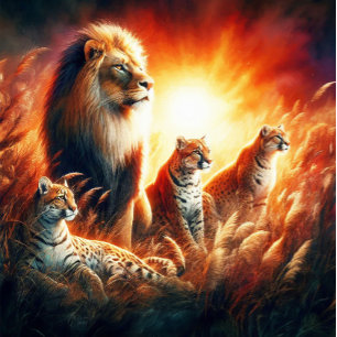 Puzzle Leones y tigres en pastos silvestres del atardecer