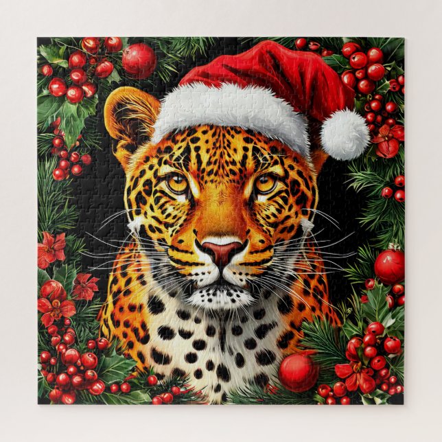 Puzzle Leopardo Festivo con Gorro de Santa (Vertical)