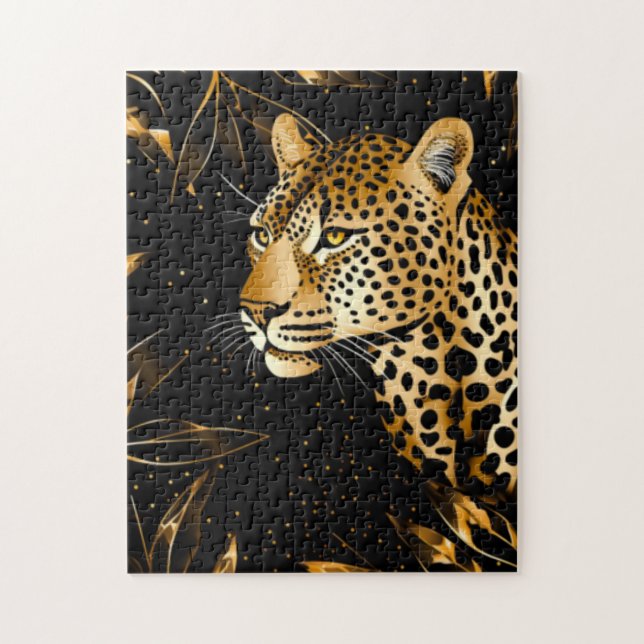 Puzzle Leopardo Guepardo Negro Oro Selva Safari Hojas (Vertical)