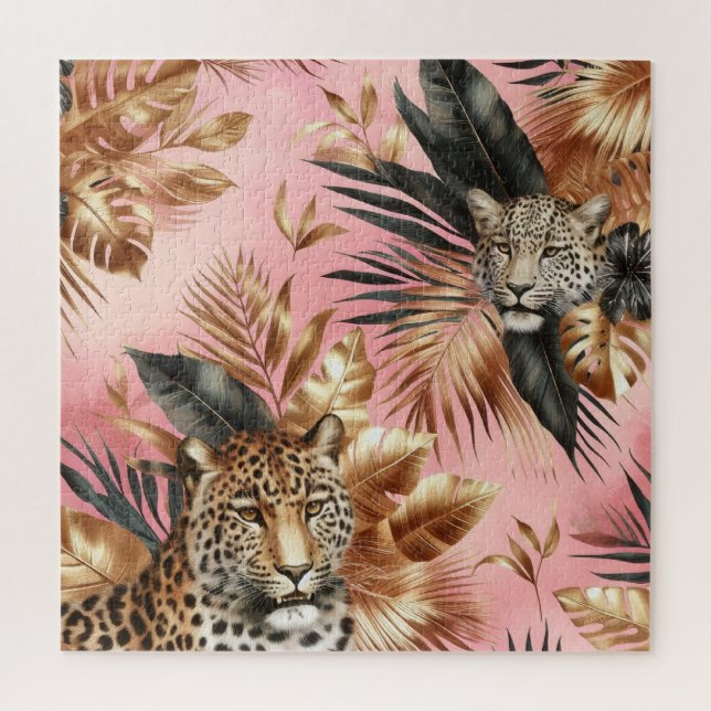 Puzzle Leopardo negro y dorado Fondo rosa (Vertical)