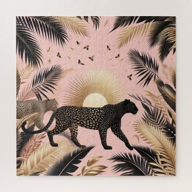 Puzzle Leopardo negro y dorado Fondo rosa (Vertical)