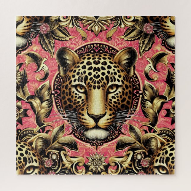 Puzzle Leopardo negro y dorado Fondo rosa (Vertical)