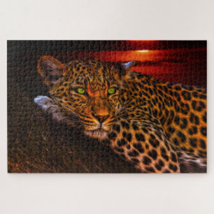 Puzzle Leopardo tumbado al atardecer, arte de un gato gra