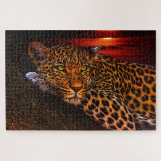 Puzzle Leopardo tumbado al atardecer, arte de un gato gra (Horizontal)