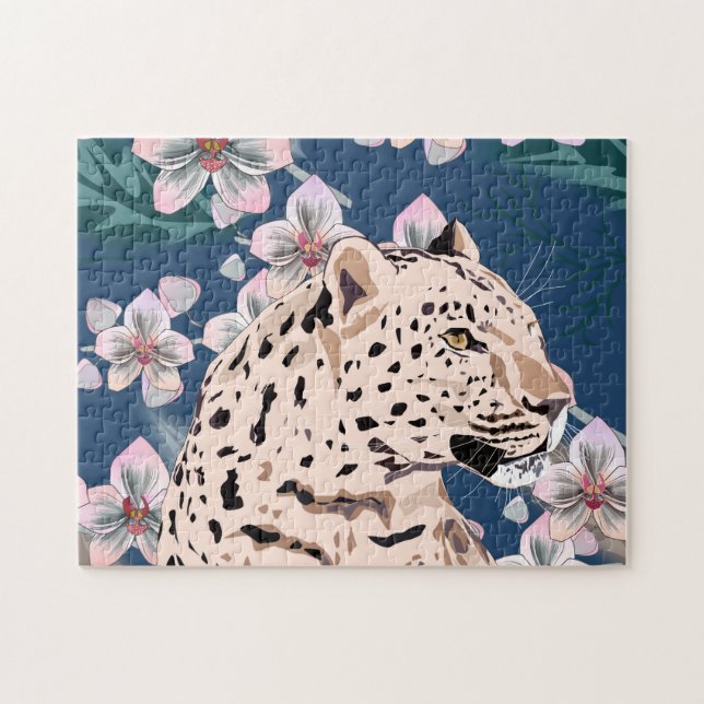 Puzzle Leopardo y orquídea rosa. (Horizontal)