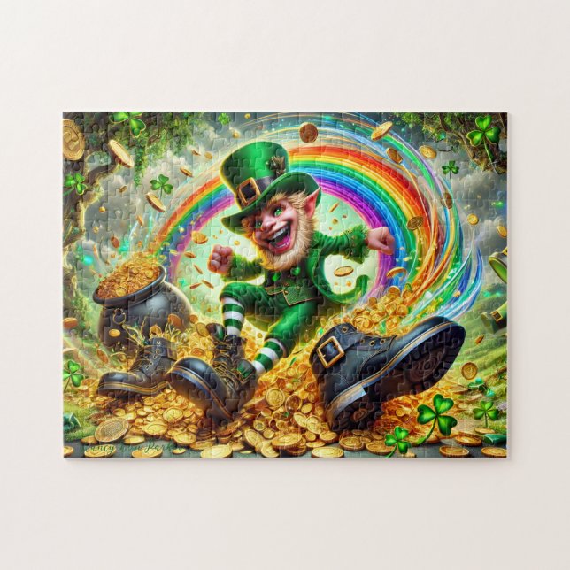 Puzzle Leprechaun Mischief, Playful Irish Scene, Gold (Horizontal)
