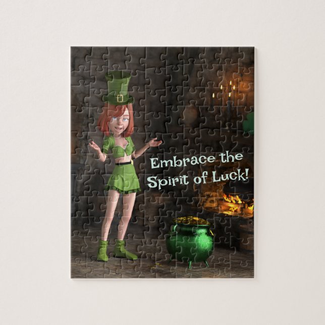 Puzzle Leprechaun Toon Chica al lado de la olla de oro (Vertical)