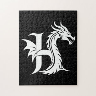 Puzzle Letra H de estilo dragón, alfabeto de dragón, mono