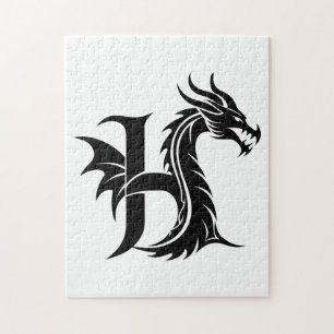 Puzzle Letra H de estilo dragón, alfabeto de dragón, mono