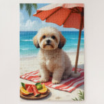 Puzzle Lhasa Apso Beach Relax Scene<br><div class="desc">An elegant Lhasa Apso enjoying a peaceful beach setting with soft colors,  fresh fruits,  and ocean views. The painterly style creates a calm and refined coastal vibe.</div>