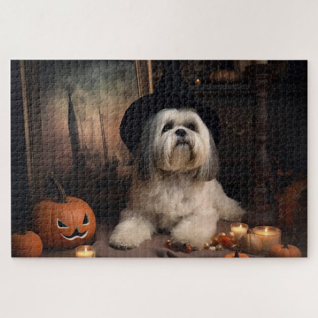 Puzzle Lhasa Apso Calabazas Halloween Aterradoras (Horizontal)