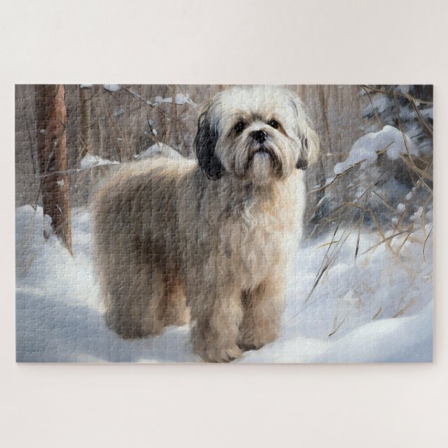 Puzzle Lhasa Apso Deja que nieve Navidad (Horizontal)