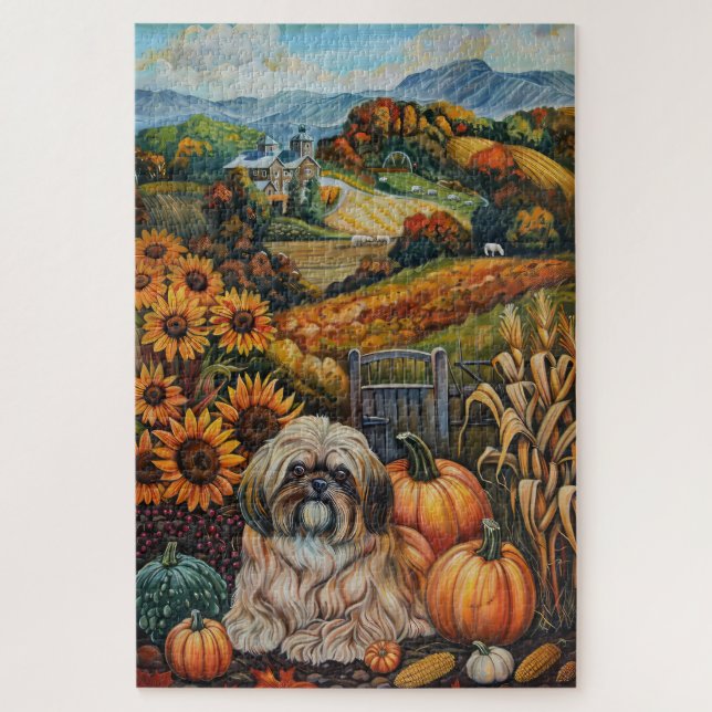 Puzzle Lhasa Apso Dog otoño Harvest Acción de Gracias (Vertical)