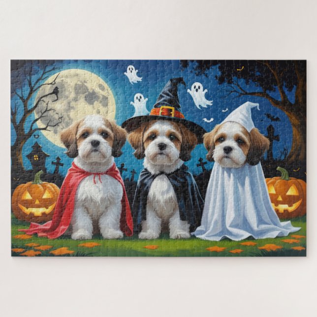 Puzzle Lhasa Apso Dogs Pumpkin Halloween Funny (Horizontal)
