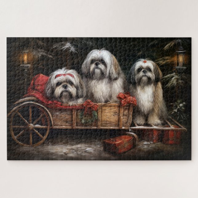 Puzzle Lhasa Apso Nevado Trineo Decoración de Navidad (Horizontal)