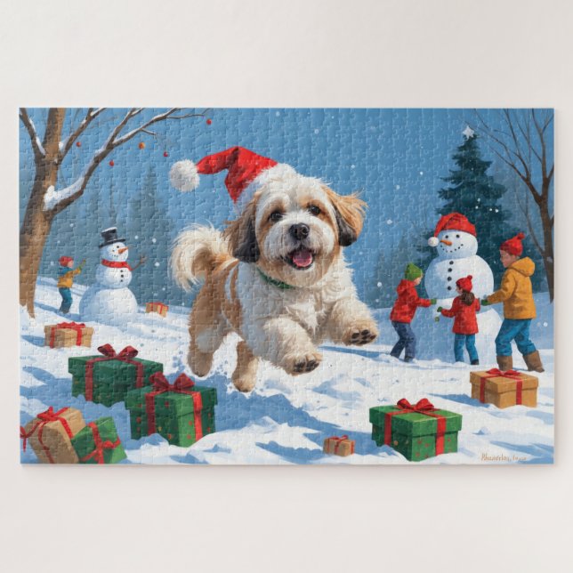 Puzzle Lhasa Apso postulando en Nieve con Gorra Navidad (Horizontal)