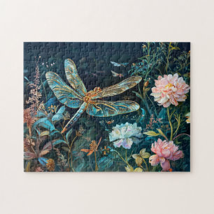 Puzzle Libélula de Noche en un Jardín con Peonías y Gr